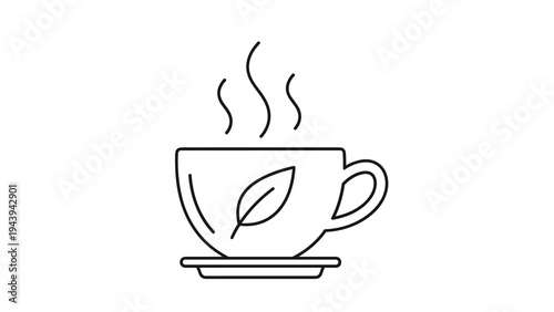 Simple black outline icon of a steaming cup of herbal tea with a leaf design on the side and a saucer.