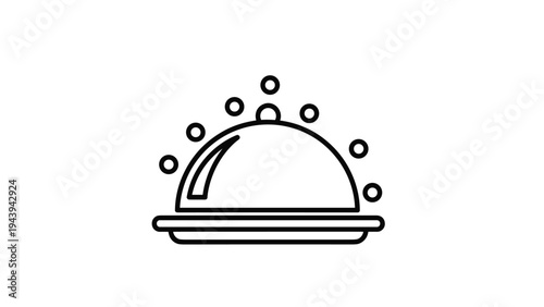 Simple black outline icon of a restaurant food cloche on a plate with decorative circular dots above it.