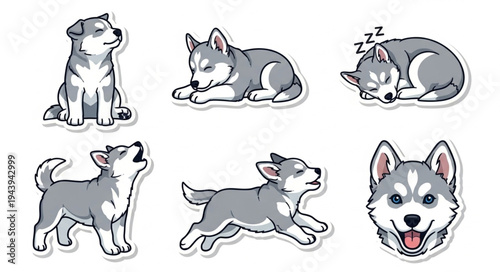 Adorable Husky Puppy Stickers - A Collection of Playful Poses and Expressions.