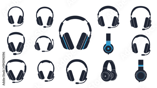 Collection of modern headphone and headset icons in black and dark blue designs including gaming and office styles.