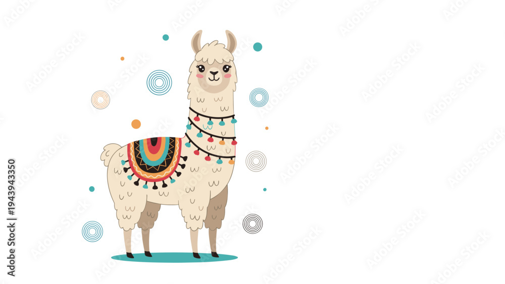 Naklejka premium Adorable illustration of a white fluffy llama decorated with a colorful saddle and festive neck pom-poms.