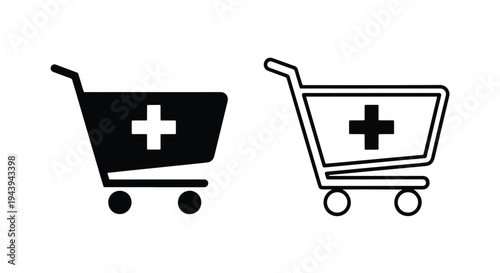 Shopping Cart Medical Plus Icon Set Vector Design - Line and glyph icon set - Minimalist, flat icon, outline, glyph, linear, clipart, sticker - icon set