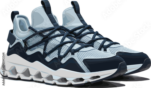 Futuristic chunky sneakers in navy blue and grey, vector illustration of sporty running shoes, bold chunky sole design, modern athletic footwear pair