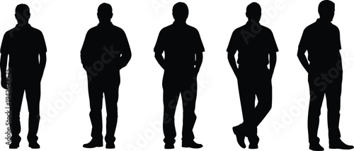 Group of men silhouettes in casual everyday outfits, standing poses, black vector illustration, diverse male figures, simple t-shirts and jeans collection