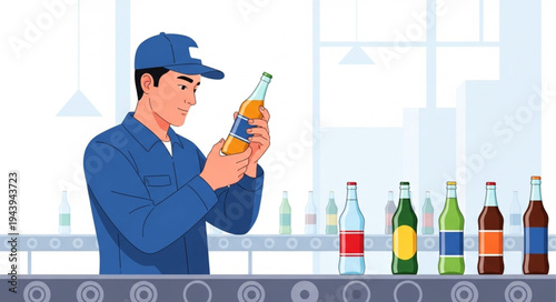 Man inspecting soda bottles factory.