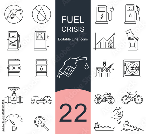 Fuel Crisis and Energy Shortage Icon Set. Featuring closed gas stations, empty fuel gauges, oil barrels, rising energy prices, alternative transportation, locked pipelines, and resource depletion.