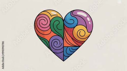 Vibrant colorful heart with swirling patterns on beige background symbolizing love and positivity in a playful artistic style