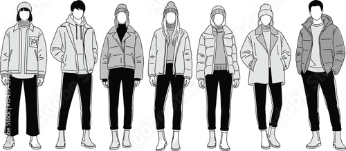 Group of young men and women in cozy winter jackets puffer coats beanies, casual outerwear fashion, black white line art figures vector illustration, blank faces