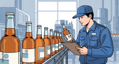 Man inspecting whiskey bottles factory.