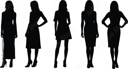 Group of women silhouettes in elegant dresses standing poses, diverse female figures in stylish business fashion full body isolated black