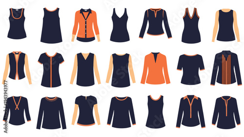Collection of various women blouse styles and designs in navy blue and orange colors isolated on white background.