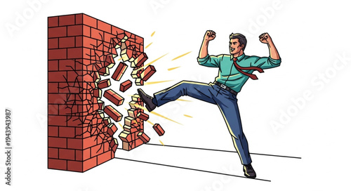 Man Kicking Through Brick Wall.