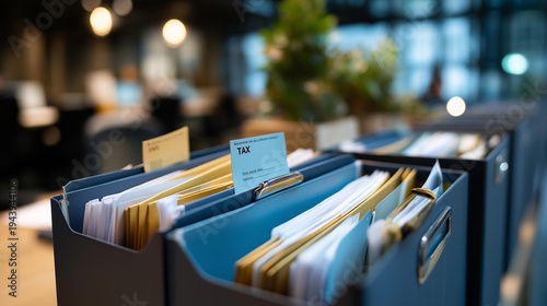 Organized filing system featuring labeled tax, finance, and compliance document folders in a professional office environment, defocused background, document management concept,