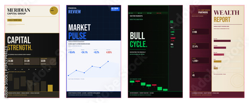 Financial report poster design, annual review advertisement layout, corporate magazine cover, investment brochure template, equity flyer design, market analysis editorial, premium finance marketing vi