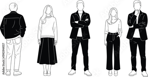 Line art diverse people casual modern outfits bomber jacket sweater skirt blazer wide pants standing poses vector fashion illustration minimalist drawing.