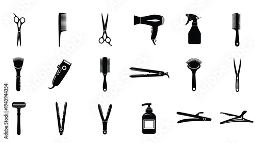 Professional hairdressing and barber tool silhouettes including scissors combs hair dryers and styling products on white background.
