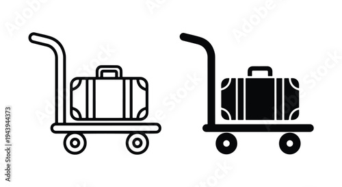 Luggage Cart with Suitcases Icon Set - Line and glyph icon set - Minimalist, flat icon, outline, glyph, linear, clipart, sticker - icon set