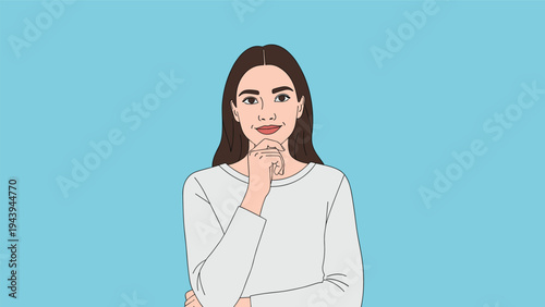 Thoughtful young woman with hand on chin looking forward in a contemplative pose against a solid blue background.