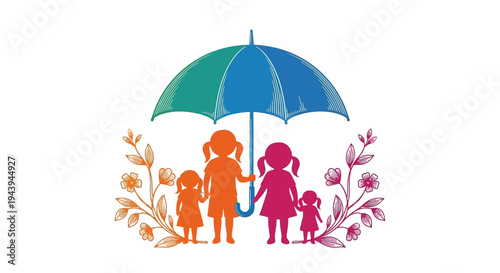 Family Holding Umbrella Together Safely.