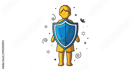 Cartoon knight holding blue shield.