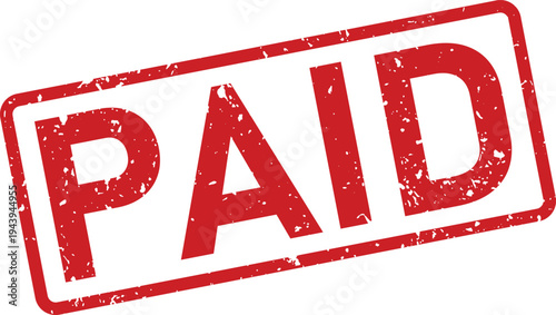 A distinct red PAID grunge rubber stamp is clearly presented against a pristine white surface