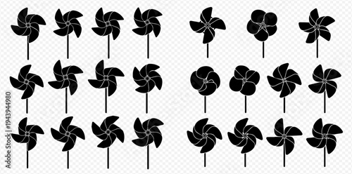 Set of black pinwheel icons, a collection of toy windmills with various blade designs, isolated on a transparent background.