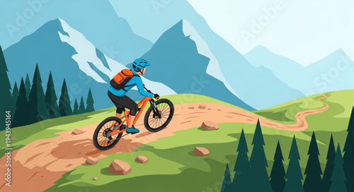 Man Riding Mountain Bike Downhill.