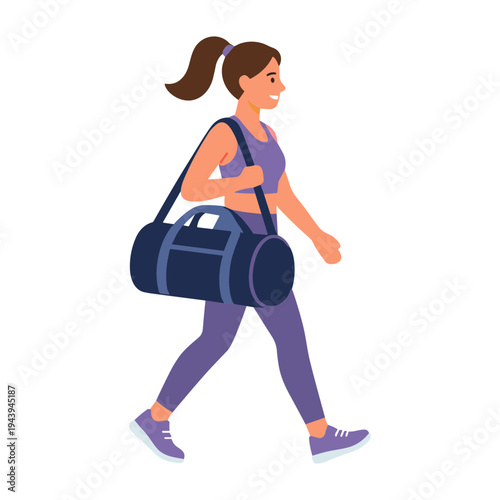 Woman walks with gym bag on shoulder outdoors in daytime