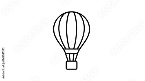 Simple hot air balloon line art illustration with basket and striped envelope isolated on a plain white background.