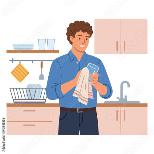 Man washing dishes in a kitchen with a towel and glass