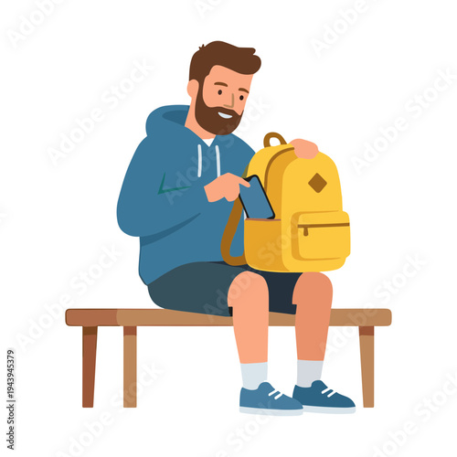 Man sits on bench with yellow backpack in hand looking down