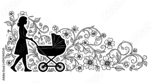 Woman Pushing Baby Stroller Silhouette Profile.