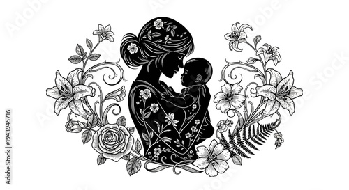 Mother holding baby in floral design.