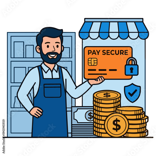 A smiling man holding a secure pay card near a store with coins.