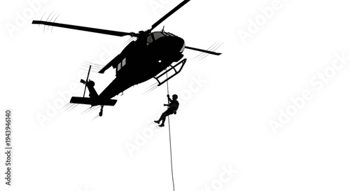 Black silhouette of a rescue worker rappelling down a long rope from a hovering helicopter