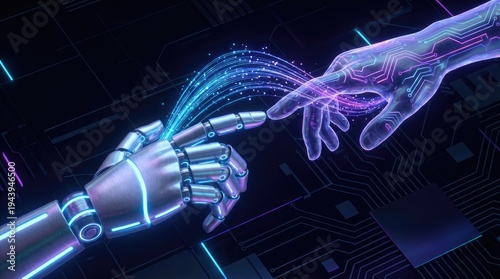 Human hand and robot hands connection artificial intelligence concept. A close-up of a robotic hand and a human hand reaching out.