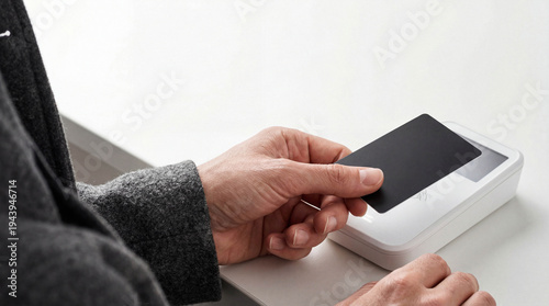 Person paying with credit card using contactless terminal.