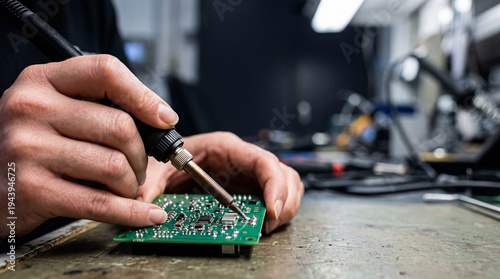 Technician's hands soldering a circuit board in a workshop.