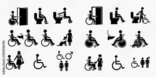 Set of various disabled people icons, showing accessibility in public spaces and daily life situations.