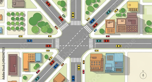 Aerial View of a Busy City Intersection with Cars.