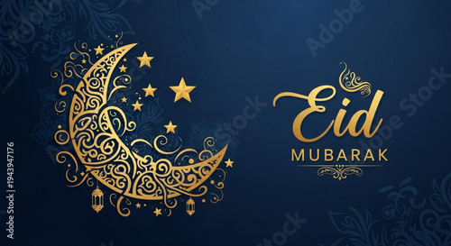 Minimalist yet elegant Eid Mubarak banner featuring a large, highly detailed golden filigree crescent moon and stars on dark blue.