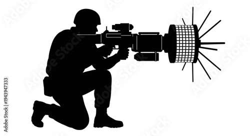 A man in silhouette aiming a large weapon