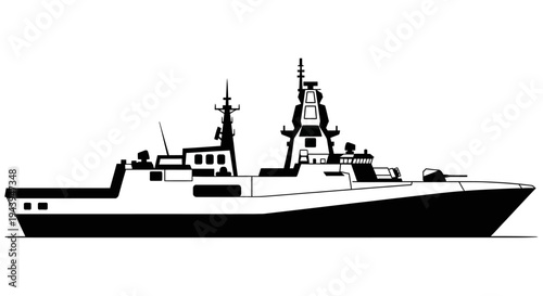 A large naval ship with two towers on the deck