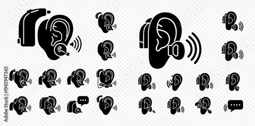 Hearing Aid and Ear Icons Set: Enhancing Auditory Perception for Better Communication.