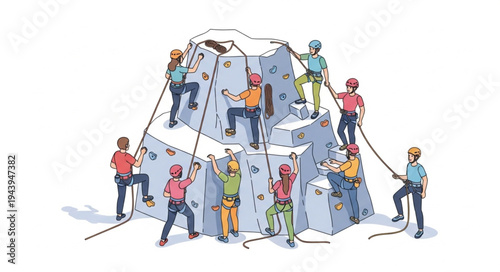 People climbing rock wall outdoors.