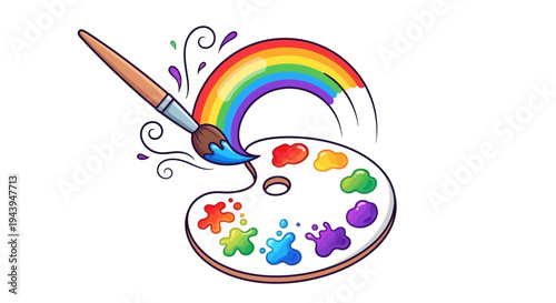 Creative Arts and Education Concept Featuring Wooden Palette with Paint Brushes and Vibrant Rainbow Splash