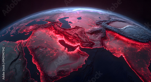 A red glowing map depicts Iran on Earth and features geopolitical conflict concepts in the Middle East, as well as a map of global crises and international relations for news and analysis.