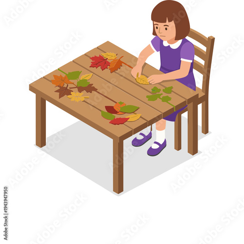 A young girl sits at a wooden table sorting colorful leaves.