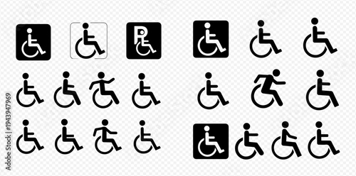 Set of various disabled person icons, including active and traditional wheelchair symbols, on a transparent background.
