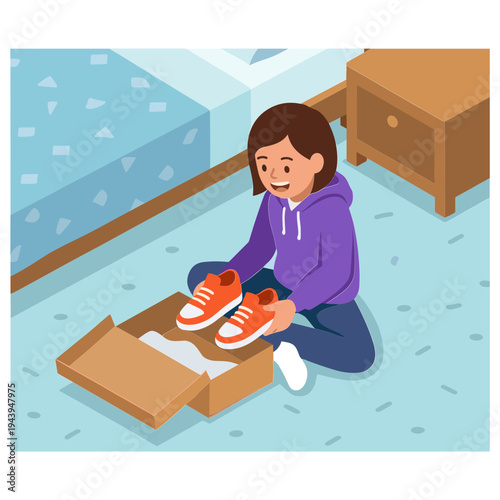A young girl excitedly tries on a pair of orange sneakers from a shoebox in her bedroom.